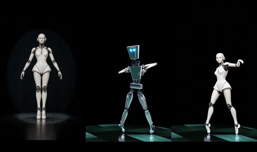 The character image, source robot performance and animated character side by side
