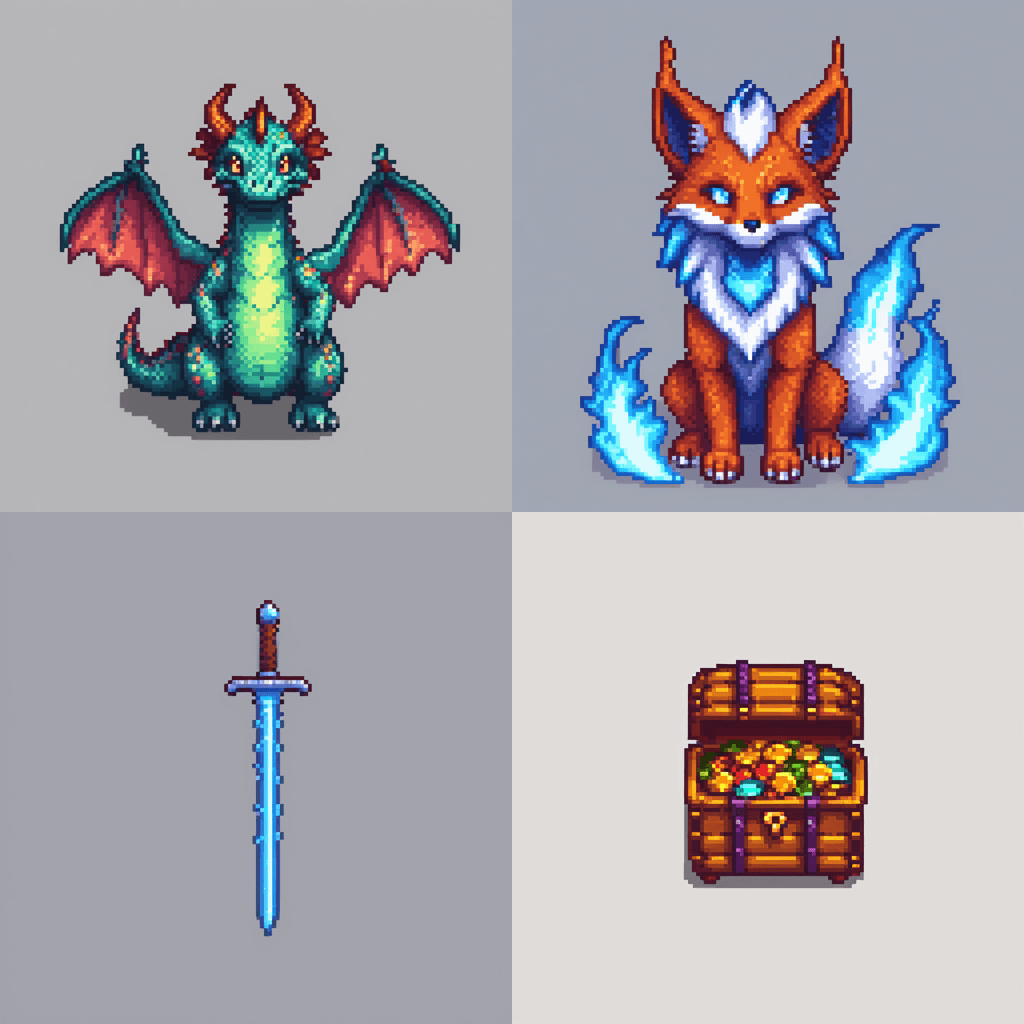 Grid of pixel-art creatures and RPG item icons produced by the SDXL game-assets workflow